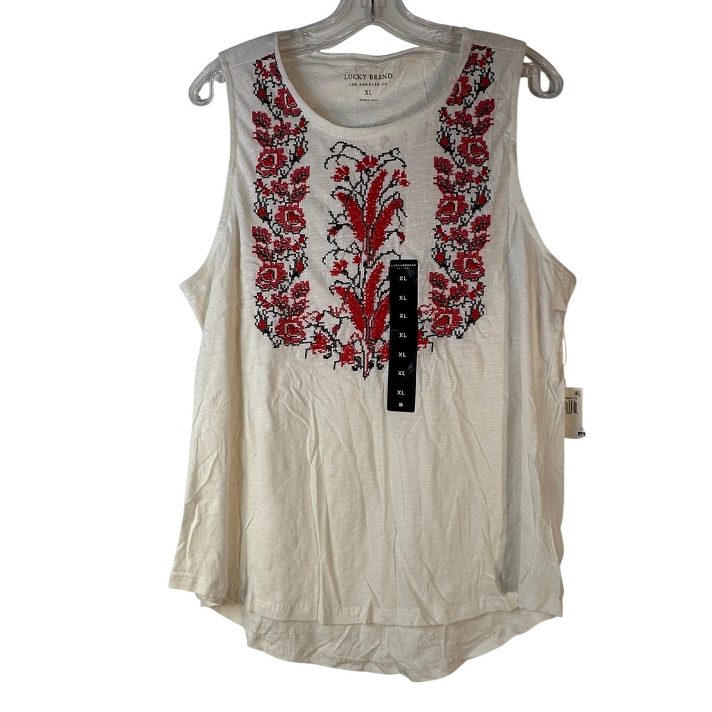 Lucky Brand Womens Ivory‎ Red Floral Embroidered Cotton Tank Top XL